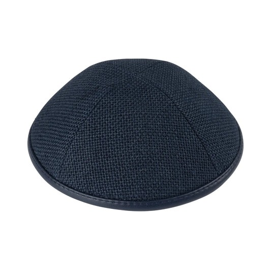 IKIPPAH NAVY BURLAP WITH LEATHER RIM YARMULKE