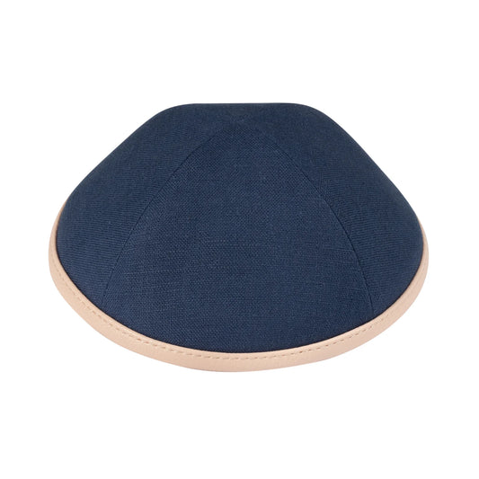 IKIPPAH NAVY LINEN WITH LIGHT PINK LEATHER RIM YARMULKE