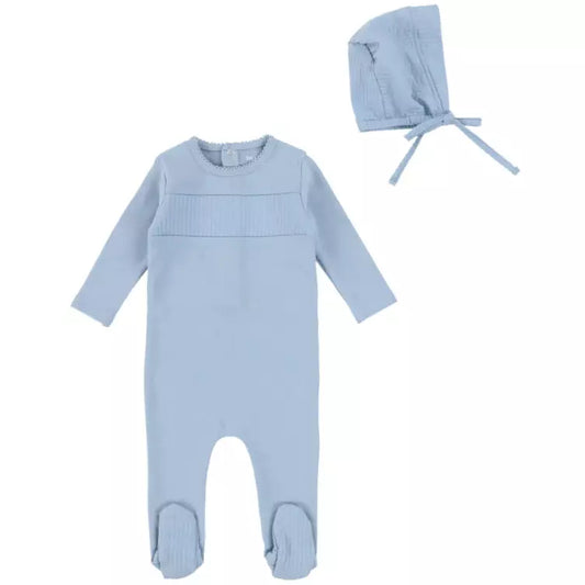 Bee & Dee Smocked Footie Medium Blue with Bonnet